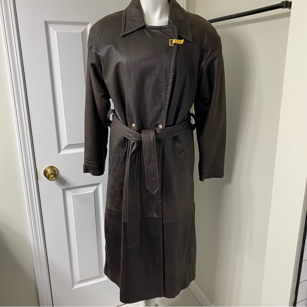 VTG 80’s 90’s Lambskin Brown Leather Trench Coat Ladies M